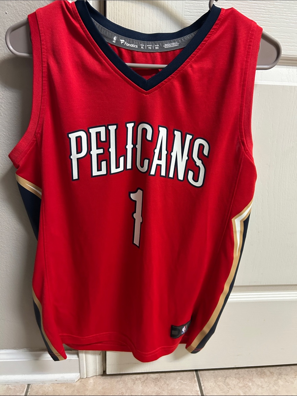 Fanatics Youth Red Pelicans Basketball Jersey with Navy & Gold Trim
